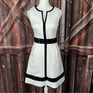 Karen Millen NWT White Sleeveless Dress Black Waist/Hem Laced W/Metal Grommets 2